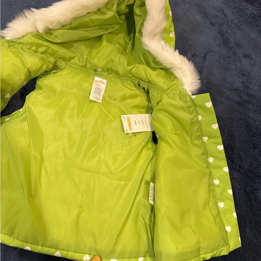 Gymboree Green and White Heart-spot Hooded Vest with fuzzy hood size 2t-3t